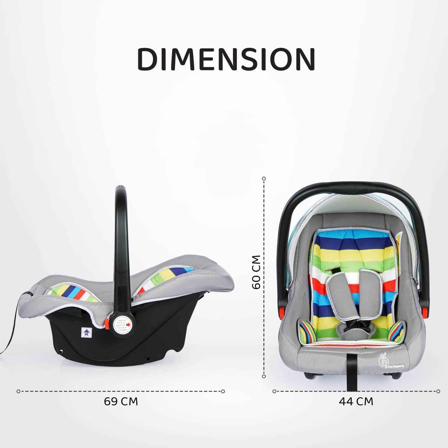 R for Rabbit Picaboo 4-in-1 multi-purpose baby carry cot in grey with a vibrant multi-color striped cushion, functioning as an infant car seat, portable carrier, rocker, and feeding chair. Ideal for newborns and infants on usmile.toys. www.usmile.toys